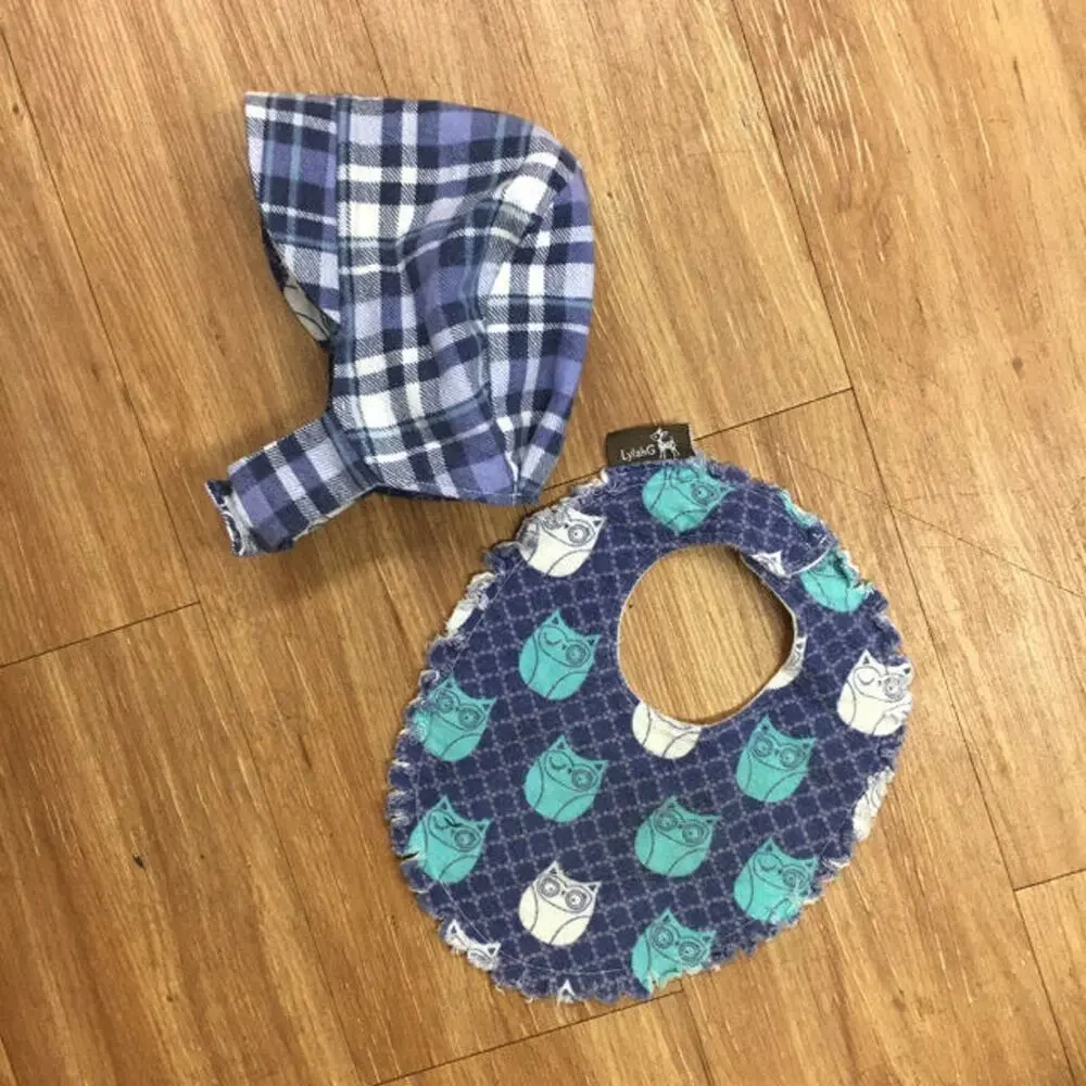 LylahG Girls Bonnet Owl Flannel Bib‎ Plaid Blue Beautiful Set
